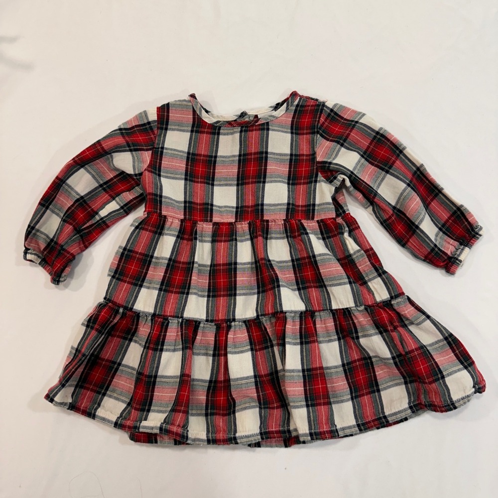 H&M Plaid Tiered Long Sleeve Dress Kids 12M Red White Green Cotton |‎ Holiday